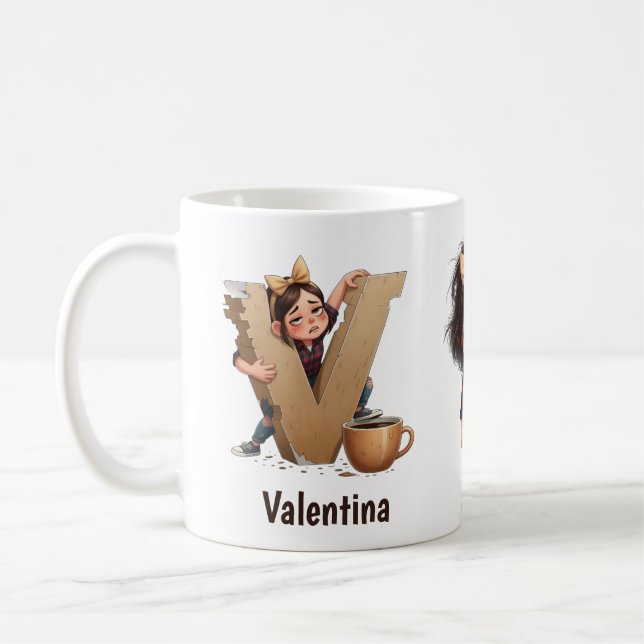Caneca De Café Personalized Name & V Sleepy Morning Plaid Charact (Esquerda)