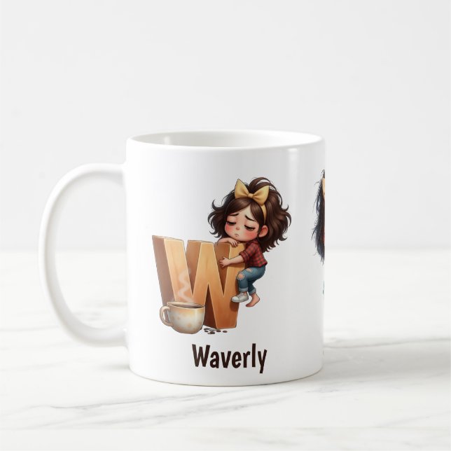 Caneca De Café Personalized Name & W Sleepy Morning Plaid Charact (Esquerda)
