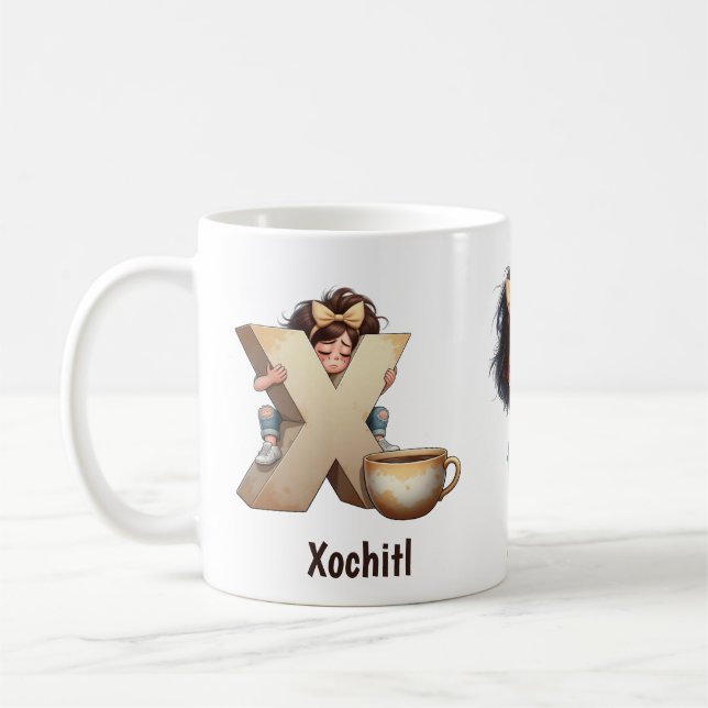 Caneca De Café Personalized Name & X Sleepy Morning Plaid Charact (Esquerda)