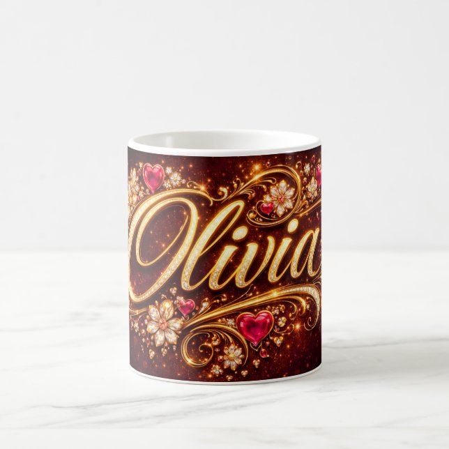 Caneca De Café Personalized Olivia Mug Pink Hearts Gold Romantic  (Centro)