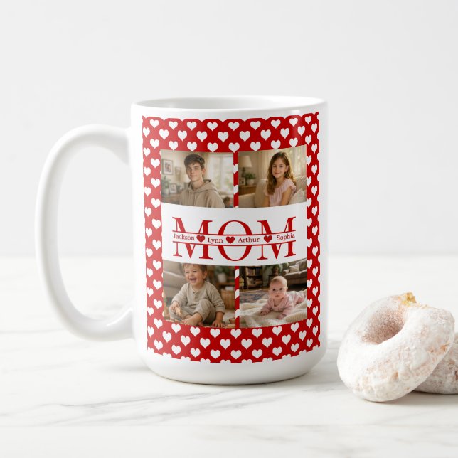 Caneca De Café Personalized Photo Collage Mom Heart & Kids Name (Com Donut)