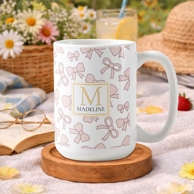 Caneca De Café Personalized Pink Bow Girl Cute Gold Monogram Name (Criador carregado)