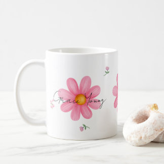 Caneca De Café Personalized Pink Daisy Floral Name Custom Design