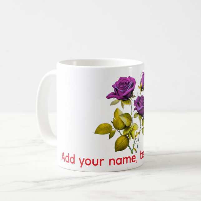 Caneca De Café Personalized Purple Rose Mug | Add Your Name, Text (Frente Esquerda)