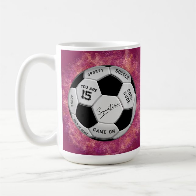 Caneca De Café Personalized Soccer Ball Birthday  | Age Name Text (Esquerda)