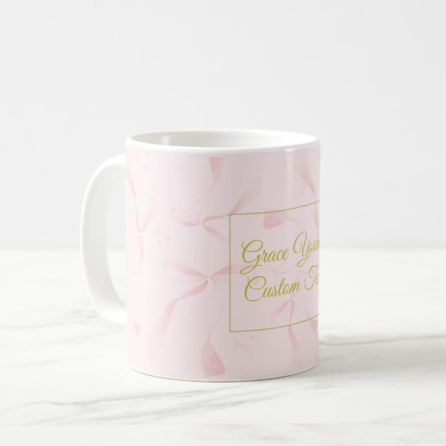 Caneca De Café Personalized Text Pink Ribbon Pattern Design (Frente Esquerda)