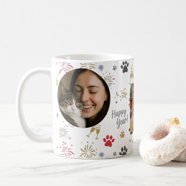 Caneca De Café Personalized Three-Photo New Year's Pet Paw Print  (Com Donut)