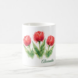 Caneca De Café Personalized Watercolor Red Tulips