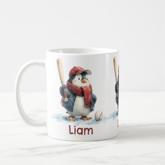 Caneca De Café Personalized Winter Penguin Baseball Kid (Esquerda)
