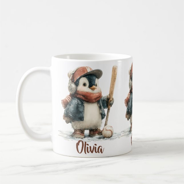 Caneca De Café Personalized Winter Penguin Softball Kid (Esquerda)