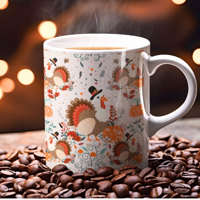 Caneca De Café Peru de Ação de Graças Padrão de Outono (Criador carregado)