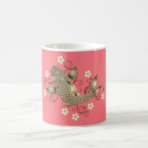 Caneca De Café Pêssego de coral de peixe-Koi - floral oriental