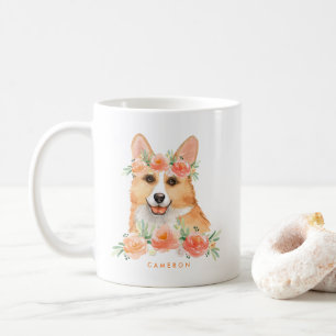 Caneca De Café Pêssego Floral de Corgi de Aquarelas Cachorros Per