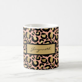 Caneca De Café Pêssego preto Leopardo preto com o seu nome