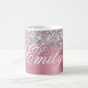 Caneca De Café Pessoal Prateado Brilho Rosa Claro Folha