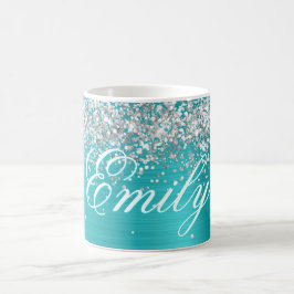 Caneca De Café Pessoal Prateado Brilho Turquesa Azul Folha