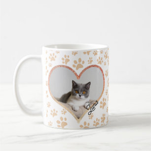 Caneca De Café Pet Cat Foto de Glitter Cardíaco e Patas de Glitte