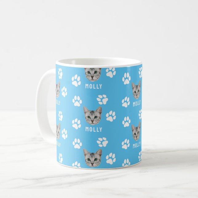 Caneca De Café Pet de Cat Personalizada Foto e Nome Azul (Frente Esquerda)