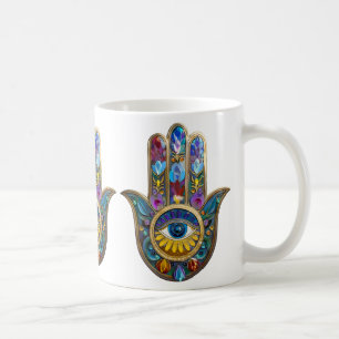 Caneca De Café Pétalas Coloridas Folhas Hamsa Safira Terceiro Olh