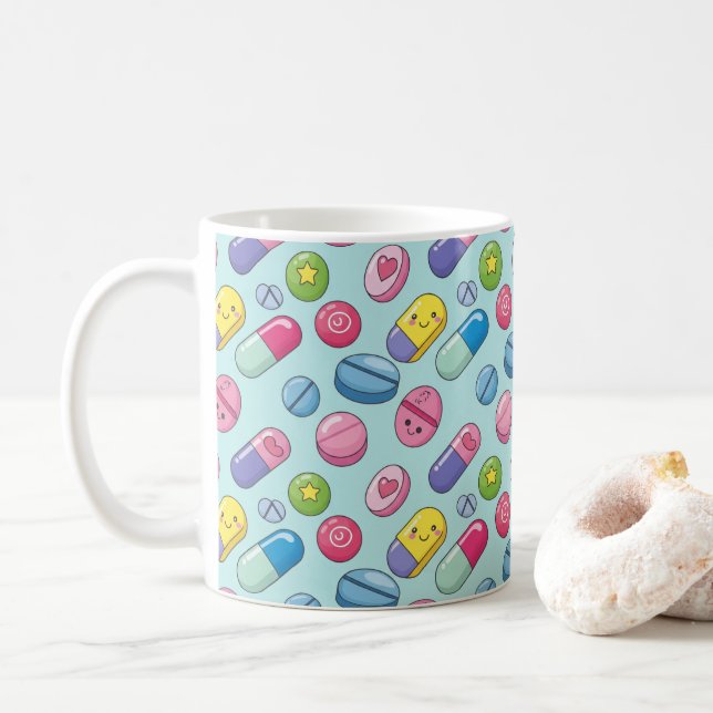 Caneca De Café Pharmacy Happy Pills Kawaii Smileys (Com Donut)