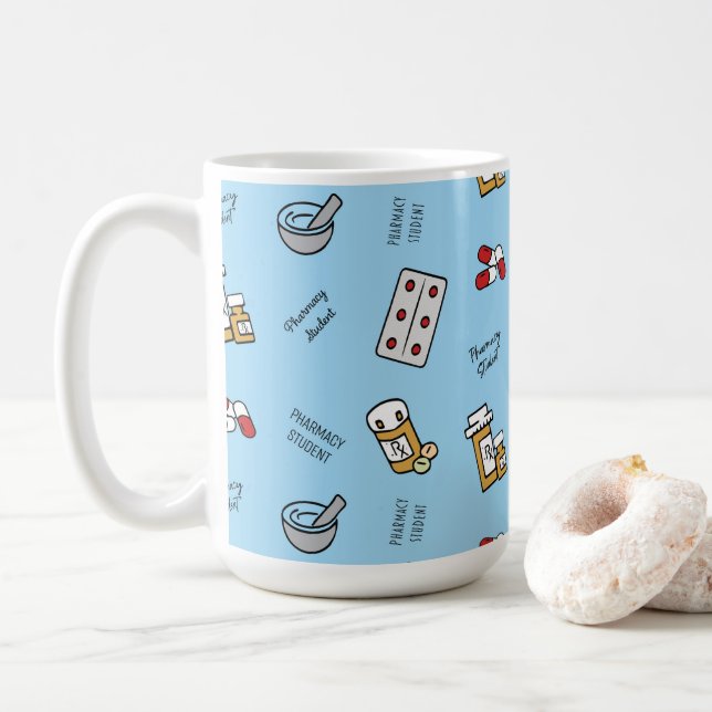 Caneca De Café Pharmacy Student icons on blue Coffee Mug (Com Donut)