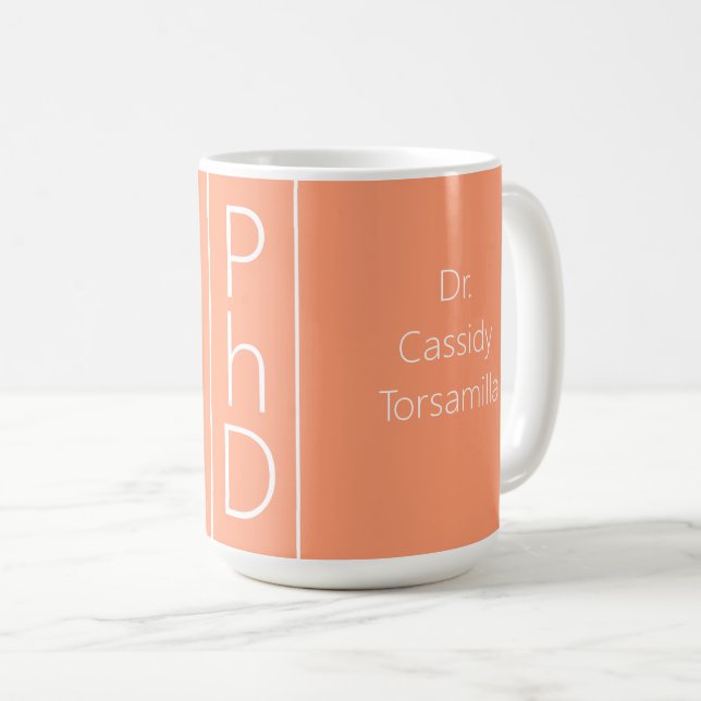 Caneca De Café PhD Branco do Nome do formando (Frente Esquerda)