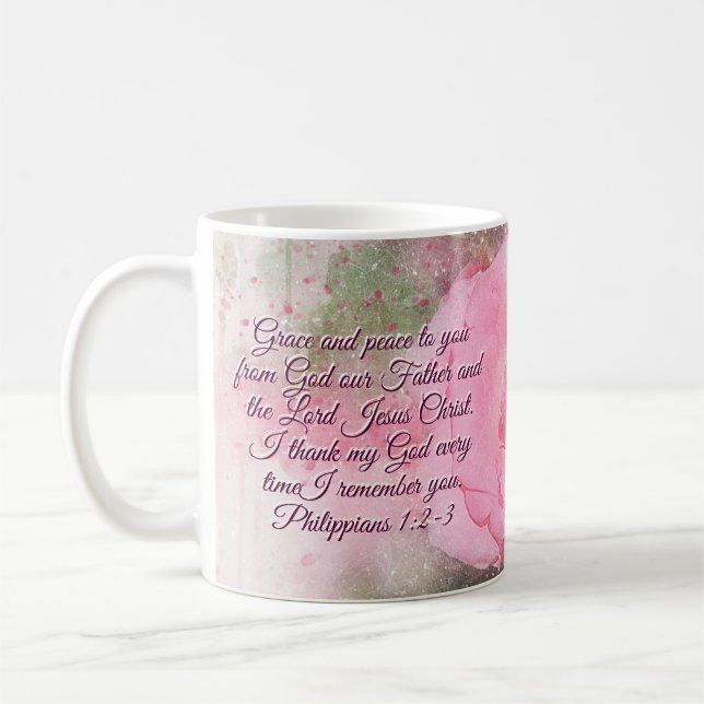 Caneca De Café Philippians 1:2-3 Grace e Peace to You Pink Rose (Esquerda)