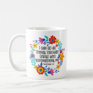 Caneca De Café Philippians 4:13 Escritura de Bíblia Folk Art Flor