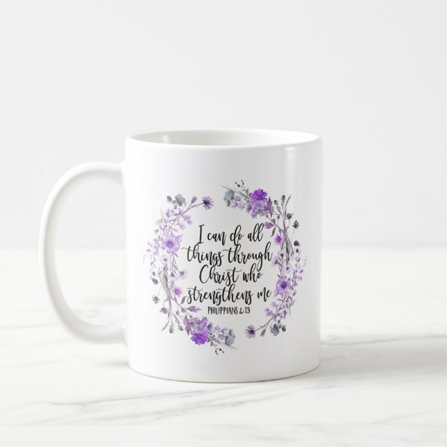 Caneca De Café Philippians 4:13 Escritura de Bíblia Lavanda roxa (Esquerda)