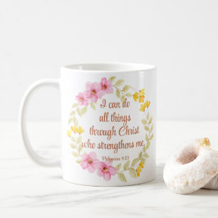 Caneca De Café Philippians 4:13 Escritura Floral Cor-de-Rosa e Am