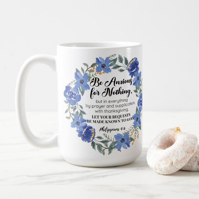 Caneca De Café Philippians 4:6 Ansiosos por Nada Blue Floral (Com Donut)