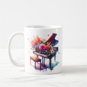 Caneca De Café Piano e Flores de Aquarela Personalizados