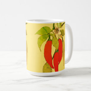 Caneca De Café Pimentões Chili Vermelhos em Folhas Verdes de Flor