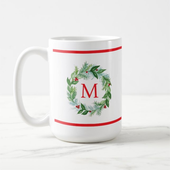 Caneca De Café Pine Berries Watercolor Wreath Monograma (Esquerda)