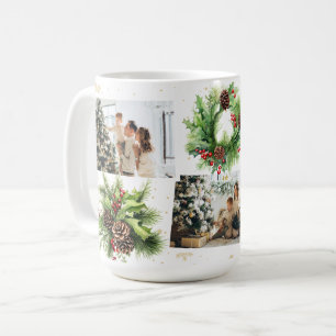 Caneca De Café Pine Cones Holly Berries Foto Colagem Natal