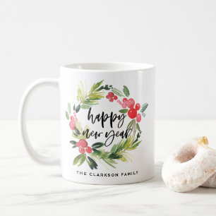Caneca De Café Pine de Aquarela e Holly Wreath Personalizado Ano