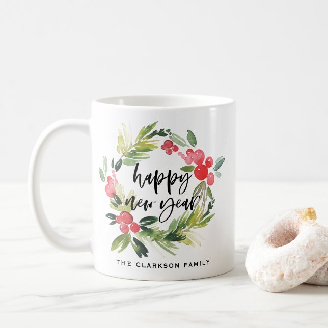 Caneca De Café Pine de Aquarela e Holly Wreath Personalizado Ano  (Com Donut)