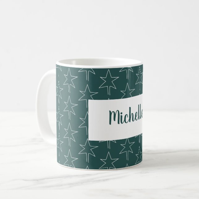 Caneca De Café Pine Green Christmas Stars (Estrelas de Natal Verd (Frente Esquerda)