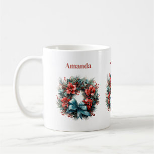 Caneca De Café Pine Wreath com Flores Vermelhas e Holly