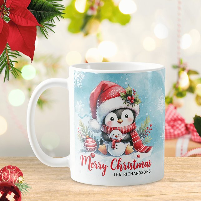 Caneca De Café Pinguim bonito azul e vermelho Feliz Natal (Criador carregado)