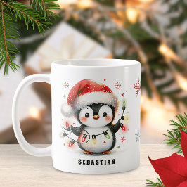 Caneca De Café Pinguim Bonito com Luzes de Natal Personalizadas