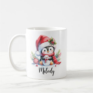 Caneca De Café Pinguim Bonito em Nome Vermelho Personalizado Nata