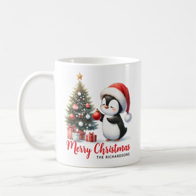 Caneca De Café Pinguim Branca e Vermelho Moderno Feliz Natal (Esquerda)