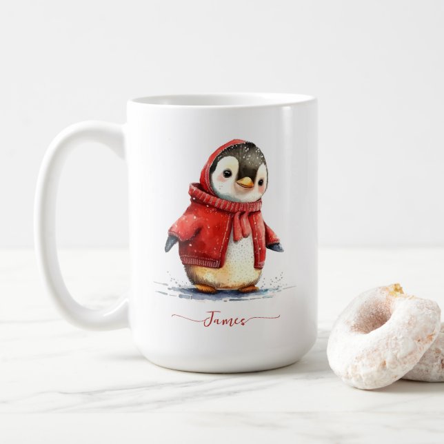 Caneca De Café Pinguim de Aquarela de inverno Personalizado no Na (Com Donut)