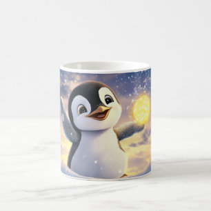 Caneca De Café pinguim de desenho animado em uma paisagem nevada,