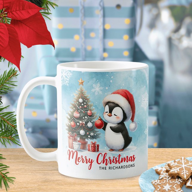 Caneca De Café Pinguim de Diversão Festiva Azul e Vermelho Feliz  (Criador carregado)