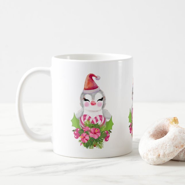 Caneca De Café Pinguim de Natal bonito em Santa Hat (Com Donut)