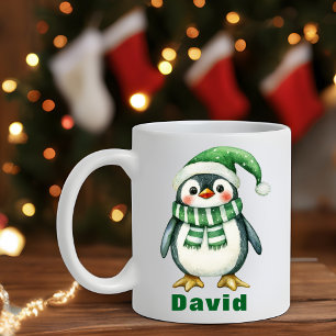 Caneca De Café Pinguim de Natal do Green Hat do Nome Personalizad