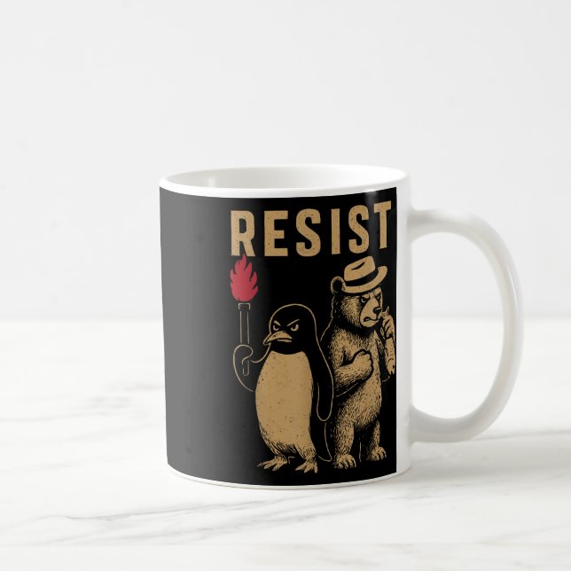 Caneca De Café Pinguim Engraçado Resiste Pinguins em Protesto Con (Direita)