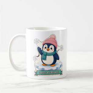 Caneca De Café Pinguim Fofo de Chapéu de Inverno Rosa e Cachecol